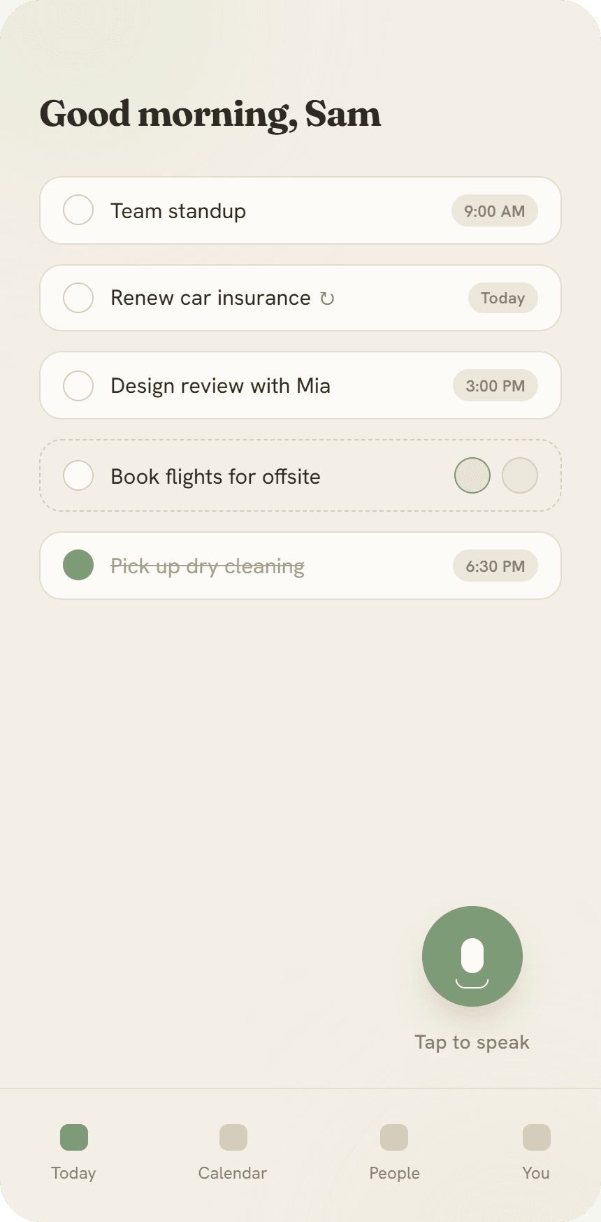 Jackie Today view — agenda, tasks, and tap-to-speak capture