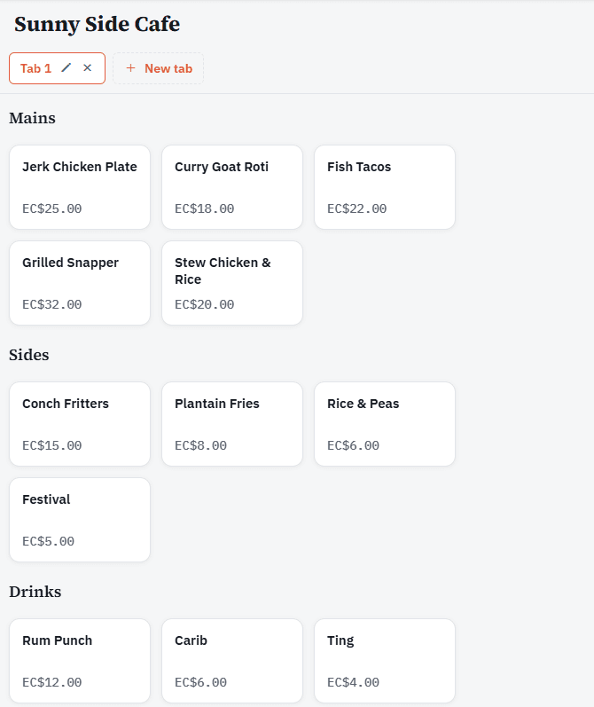 WhiteLabel POS register — catalog grouped by Mains, Sides, Drinks